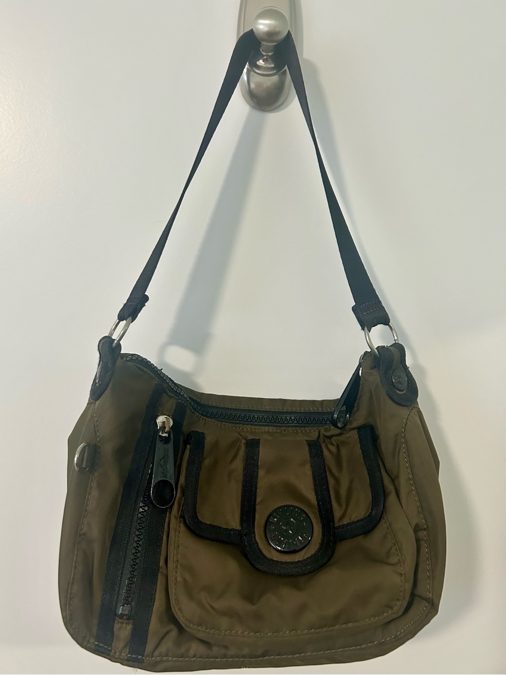 Kipling Olive Green Nylon Multi-Pocket Shoulder Bag